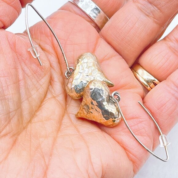 925 Silver Hammered Heart Shape Drop Earrings - Picture 5 of 6